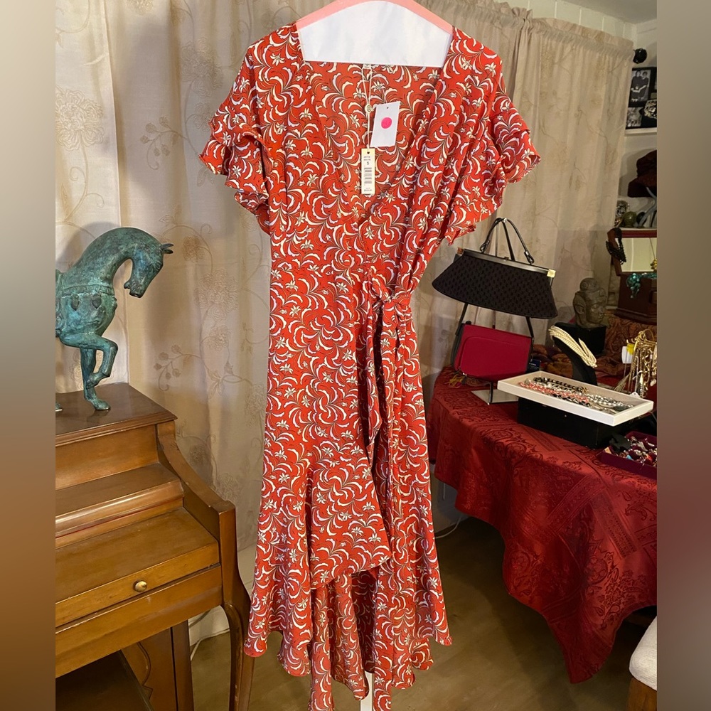 MAX STUDIO Ruffled Crepe High/ Low Wrap Rust Floral Wrap Midi Dress. Si…